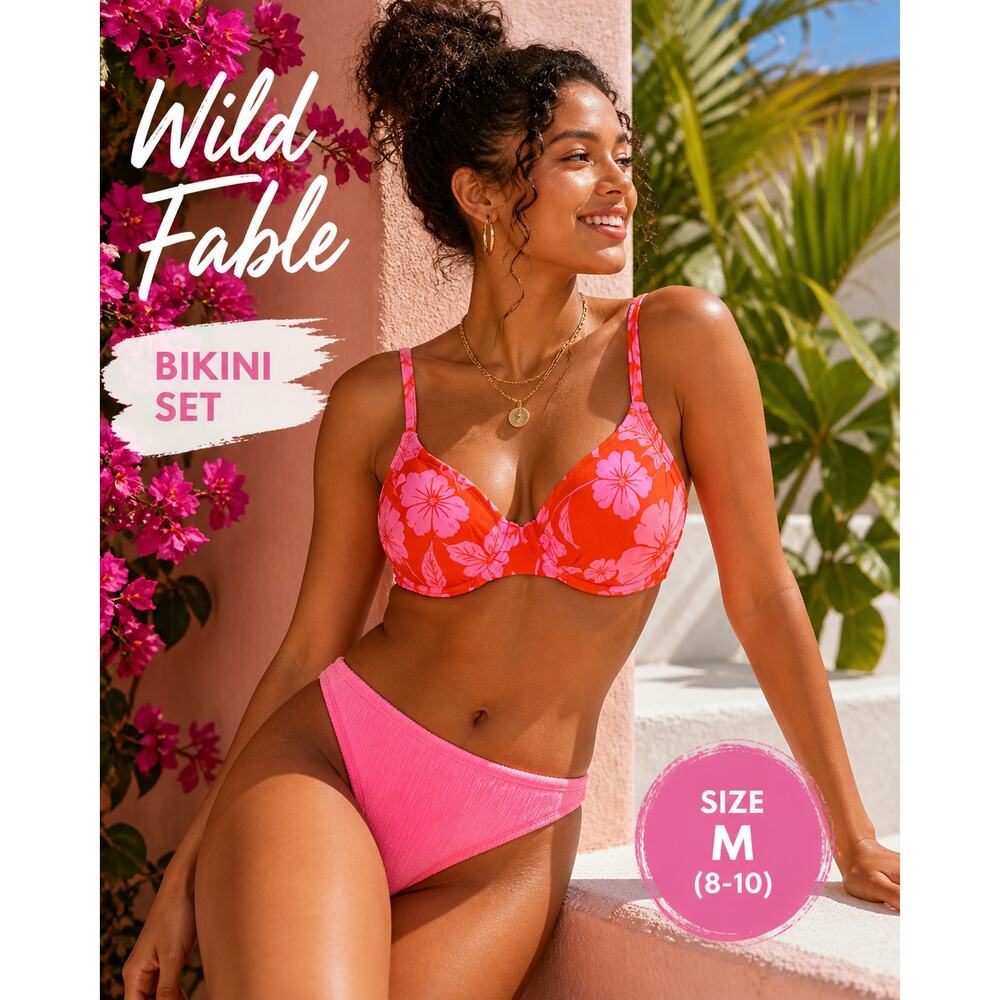 Wild Fable Pink & Orange Floral Bikini Set Size M (8-10) NWT